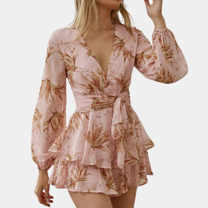 Voyage - Floral Wrap Dress in Pink with Ruffles and V-Neck - Mini Spring Edition