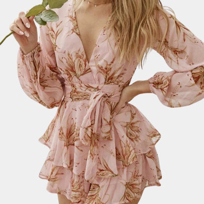 Voyage - Floral Wrap Dress in Pink with Ruffles and V-Neck - Mini Spring Edition