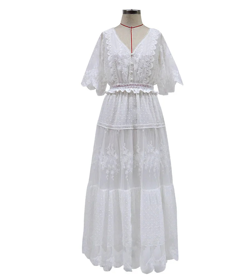 Drift - Women's V-Neck Button-Down Floral Lace Maxi Dress, Casual Short Sleeve Boho Dress