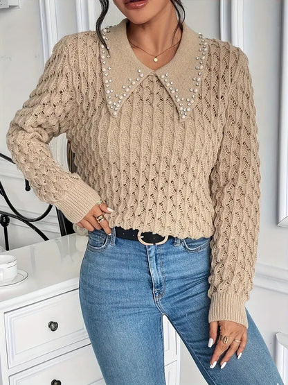 LuxeLayer | Stylish plain sweater with pearl embellishments