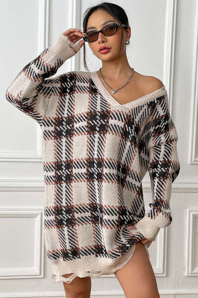 Drizzle | Long Knit Sweater with Checkered Pattern and Loose Fit