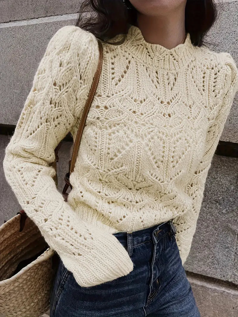 PolarBlend| Luxurious knitted sweater with lace detail, cozy elegance with long sleeves