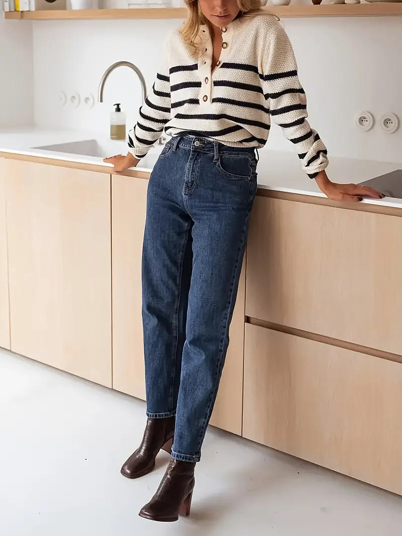 DualGuard | Striped sweater with round neckline and button placket for effortless style