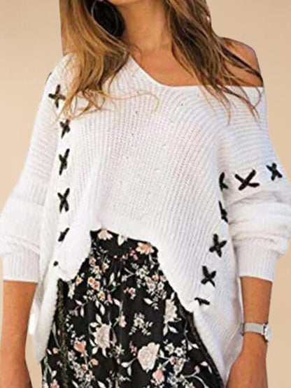 Fluxis | White Off-Shoulder Knit Sweater with X-Pattern