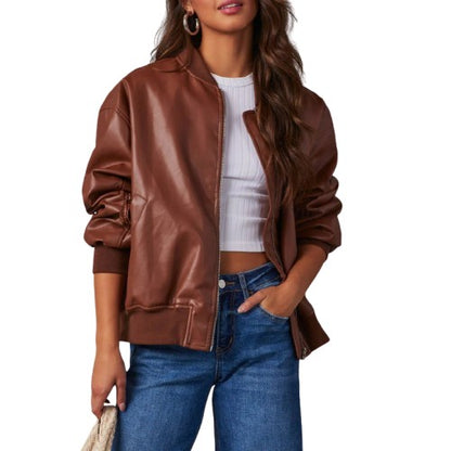 Aureza | Women's Zip-Up Leather Baseball Jacket