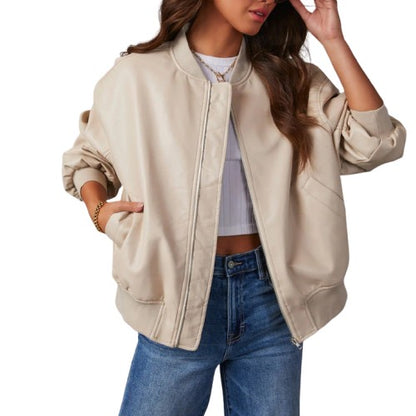 Aureza | Women's Zip-Up Leather Baseball Jacket