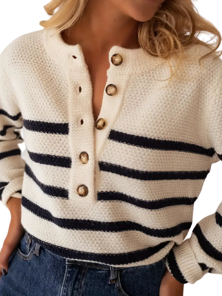 DualGuard | Striped sweater with round neckline and button placket for effortless style