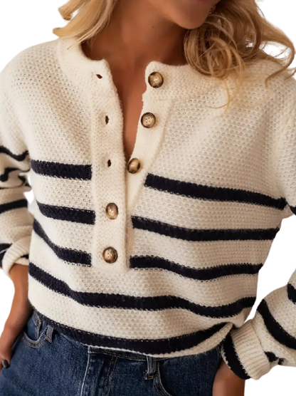 DualGuard | Striped sweater with round neckline and button placket for effortless style