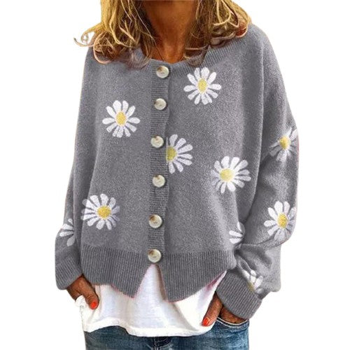 Floral Chic - Women's Buttoned Cardigan Sweater | Cozy Pullover with Floral Design