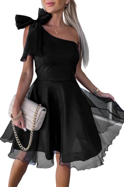 Flare | Black Tulle Skater Dress with Bow and One-Shoulder Design