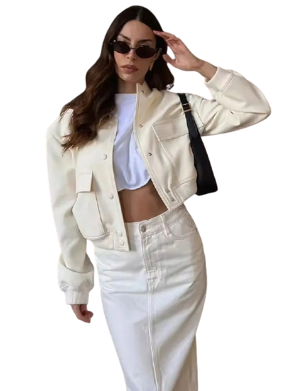 EmberMist  | Women's White Bomber Jacket with Buttons – Short Jacket for a Modern Look