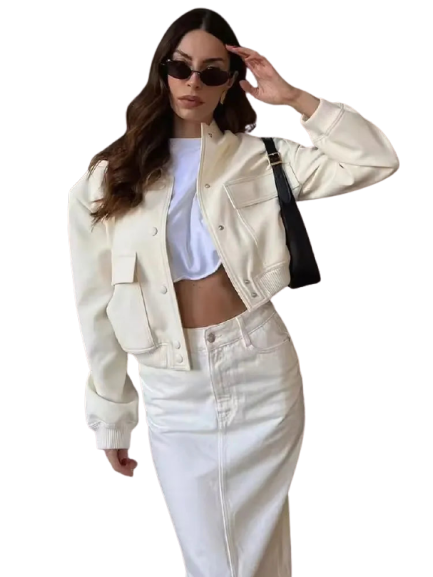 EmberMist  | Women's White Bomber Jacket with Buttons – Short Jacket for a Modern Look