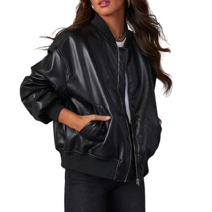 Aureza | Women's Zip-Up Leather Baseball Jacket