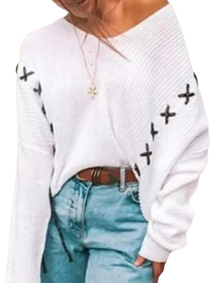 Fluxis | White Off-Shoulder Knit Sweater with X-Pattern