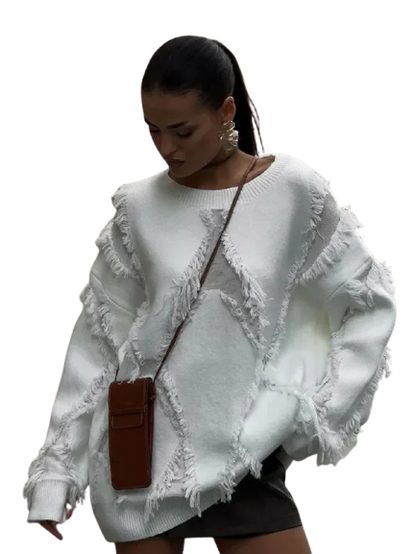 Clyra | Women's Oversized Sweater with Fringes – White, Casual Winter Look