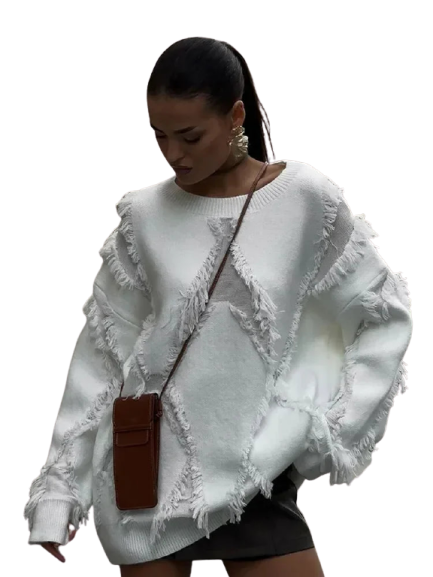 Clyra | Women's Oversized Sweater with Fringes – White, Casual Winter Look