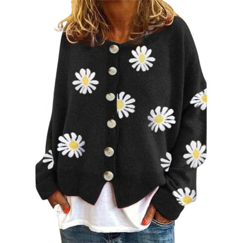 Floral Chic - Women's Buttoned Cardigan Sweater | Cozy Pullover with Floral Design