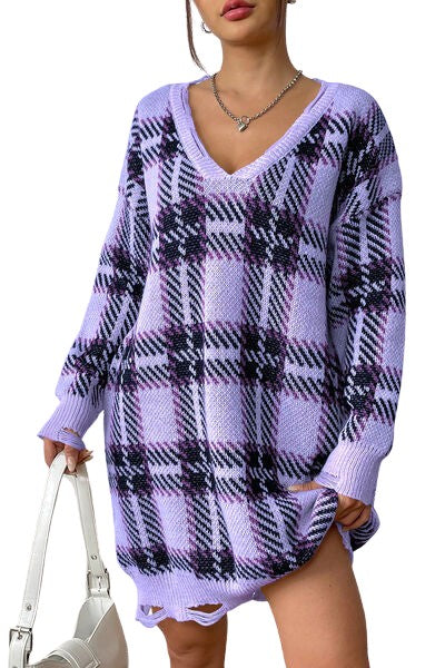 Drizzle | Long Knit Sweater with Checkered Pattern and Loose Fit