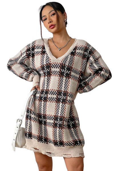 Drizzle | Long Knit Sweater with Checkered Pattern and Loose Fit